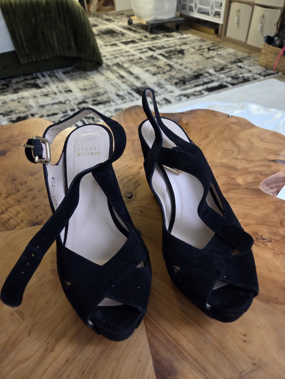 Stuart Weitzman Black Suede Platform Slingback Peep-Toe Heels